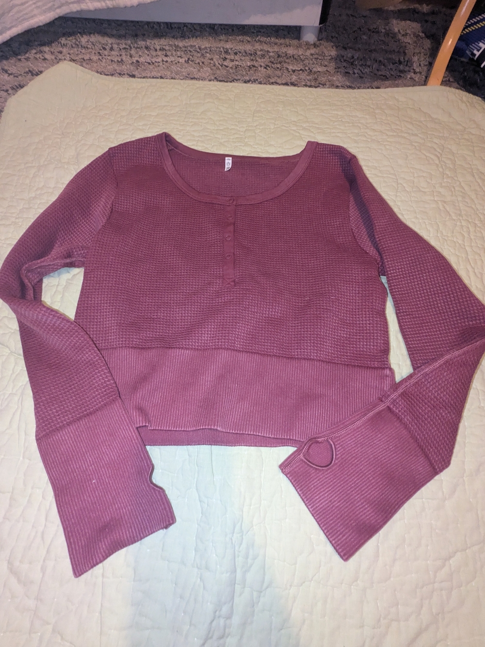 aerie Mauve Waffle Henley Long Sleeve Crop Top